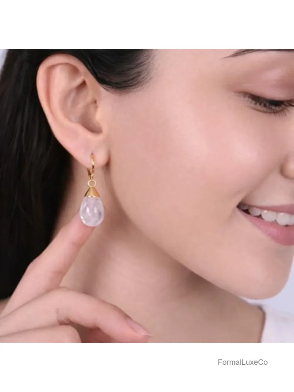 Handmade Natural Clear Quartz Dangle Leverback Earrings, 14k Gold Plated, Boho
